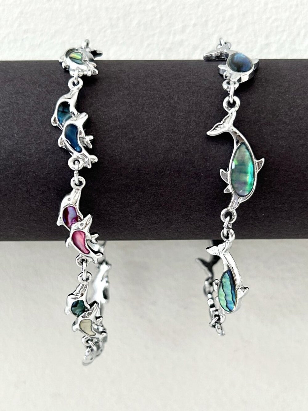 2 Silver Tone Abalone Dolphin Whale Bracelet Anklets Snap Clasp Paua Shell Inlay